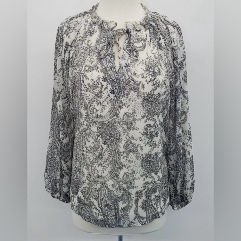 •Talbots Black & White Long Sleeve Paisley Print Keyhole Sheer Lined Blouse Sz M